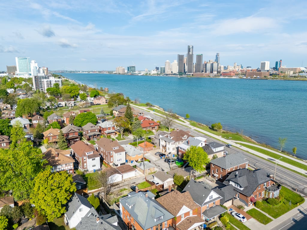 Aerial view of the riverfront park and Walkerville neighbourhood