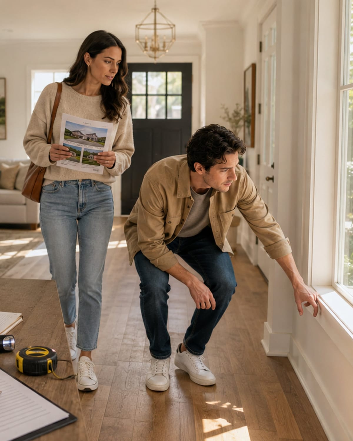 Illustration of a first-time buyer couple reviewing a home together