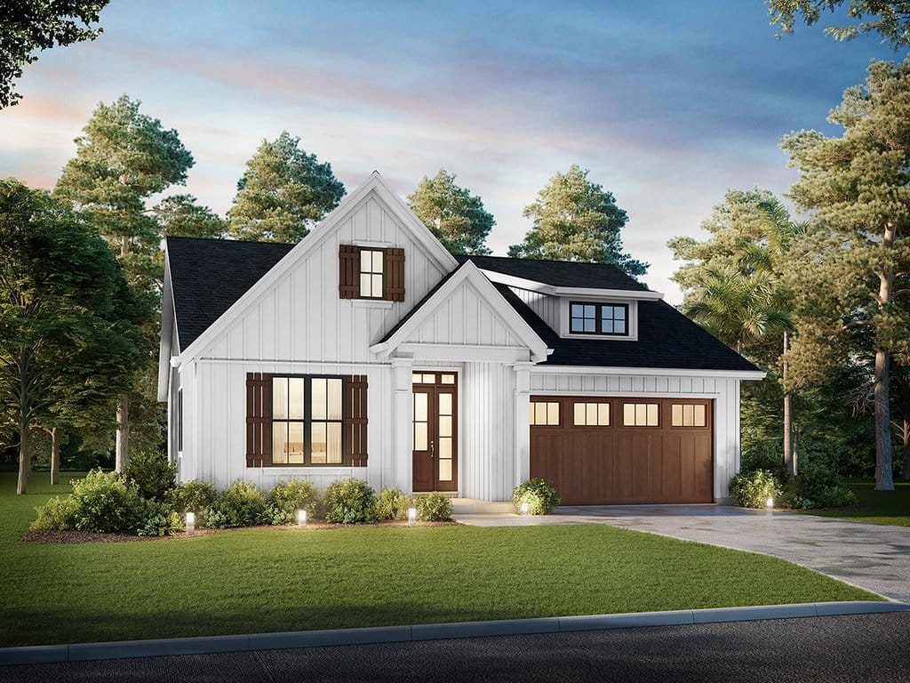 Builder's rendering of a white board and batten ranch with dark shutters, a gabled front entry, and a wood-tone double garage door