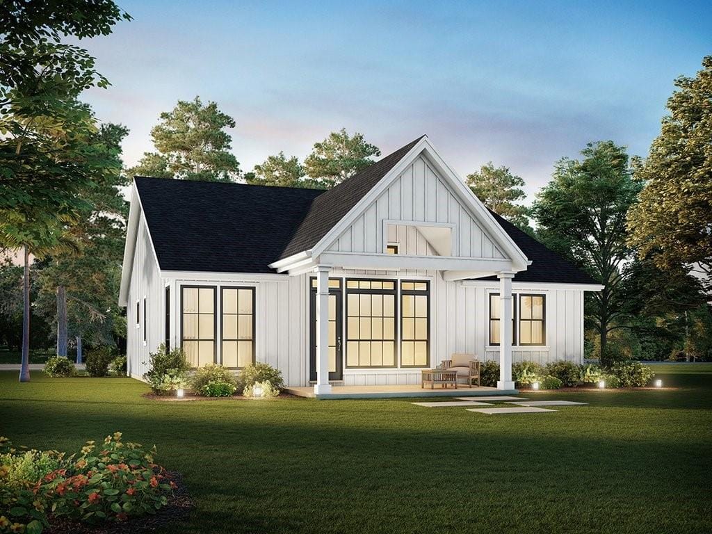Builder's rendering of the back of a white board and batten ranch with a covered porch and large windows