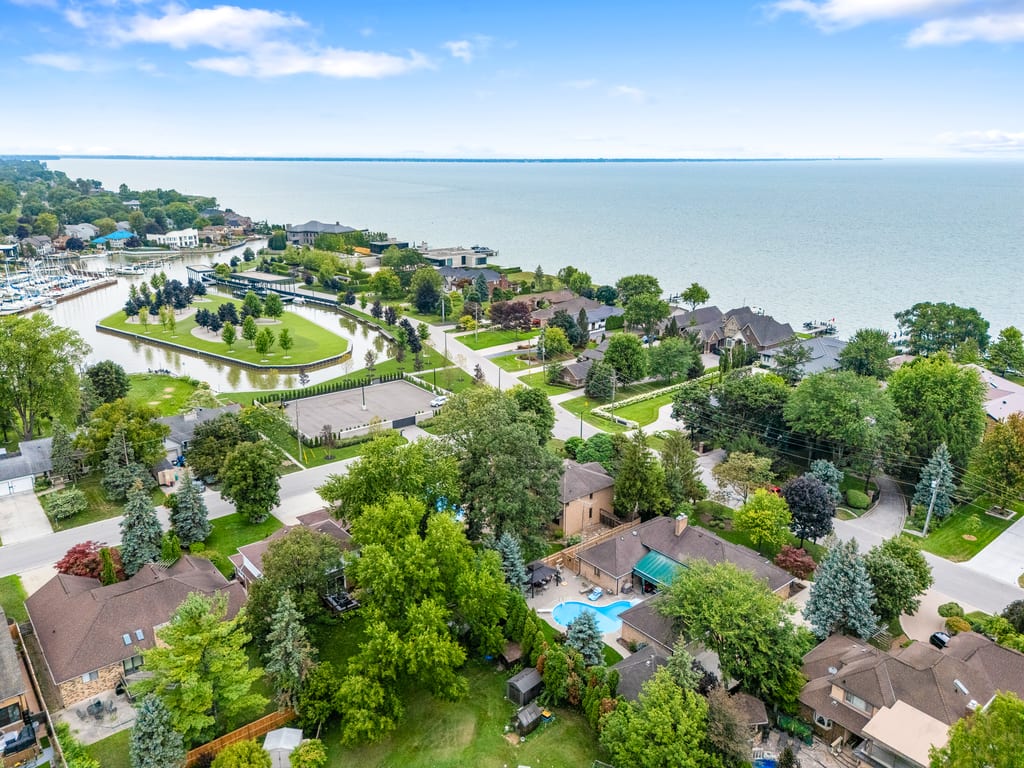 Aerial view over the marina, park, and Lake St. Clair shoreline near Elmgrove Drive