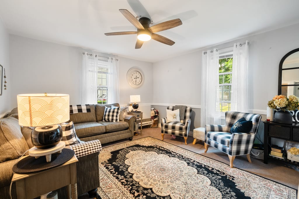 Living room with pale walls, patterned rug, and windows on two sides
