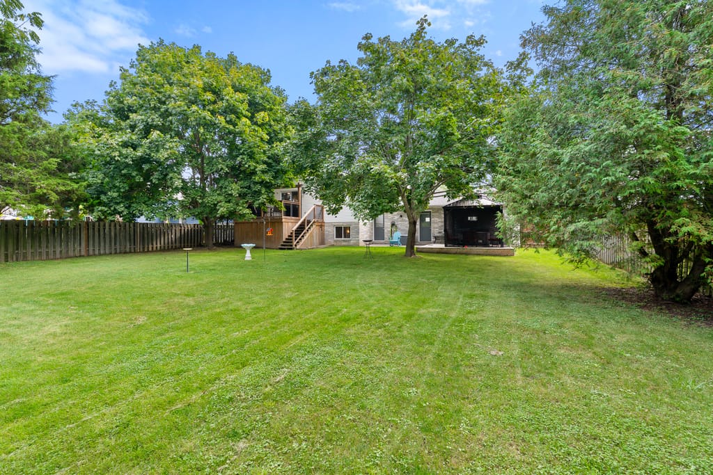Wide fenced backyard lawn edged with mature trees