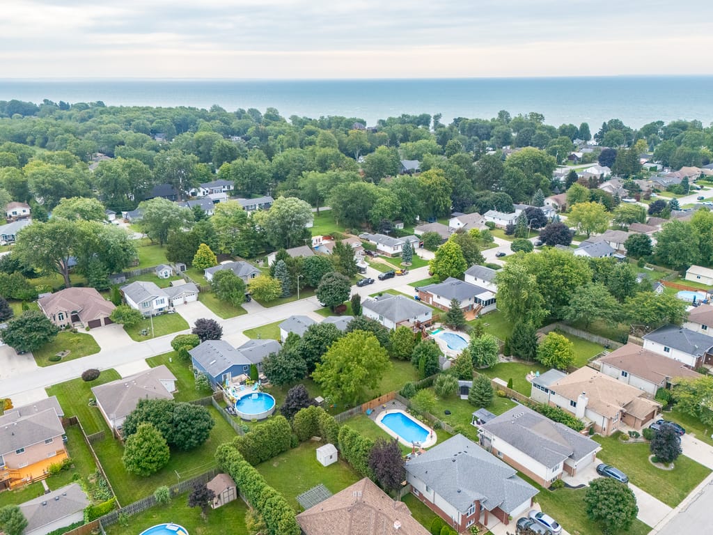 Aerial view over the Kingsville neighbourhood toward the Lake Erie shoreline